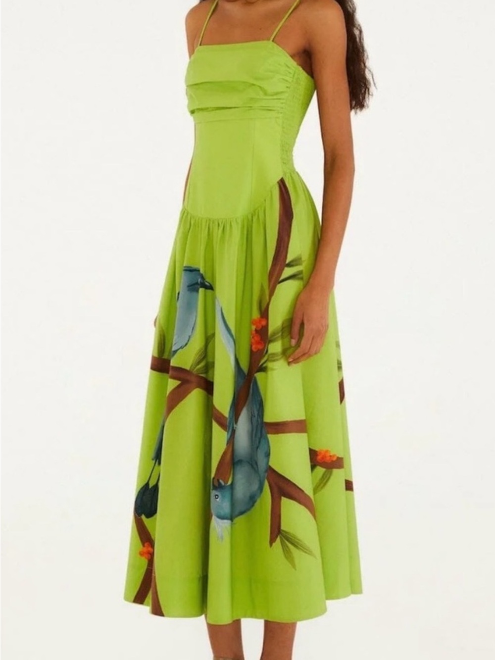 FARM Rio Lime Green Bird-Print Spaghetti Strap Midi Dress